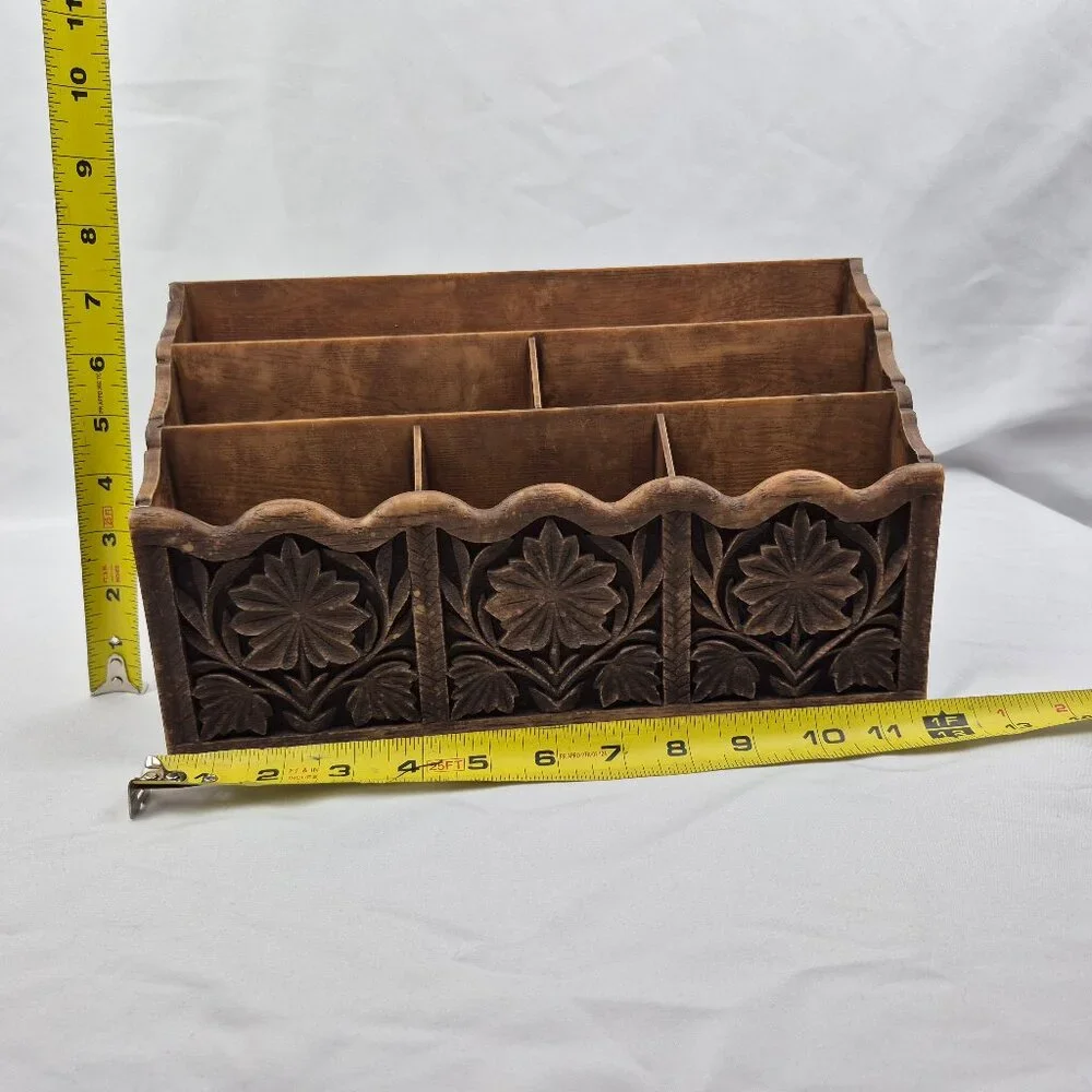 Vintage Lerner Brown Faux Carved Wood Office Desktop Organizer MCM 70's